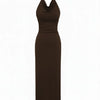 Halter Neckline Rivet Split Ruched Straight Maxi Dress in Chocolate Front View for Women | Littlebox India
