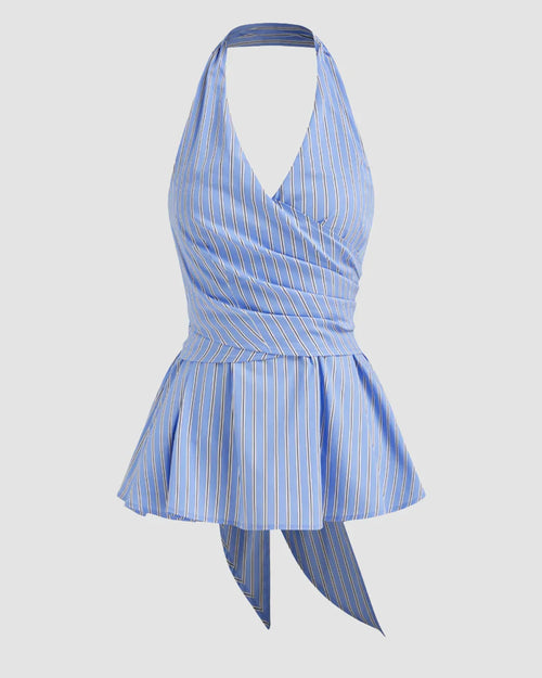 Front view of blue striped halter neck top with bow tie detail and ruffle hem, stylish striped top.