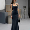 Halter Tie Bow Knot Maxi Dress in Navy Blue Front View for Women | Littlebox India