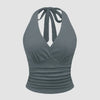 Halter Tie Waist Ruched Fitted Chic Glamour Grey Tank Top Front View For Women | Littlebox India