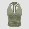 Halter Tie Waist Ruched Fitted Chic Glamour Herbal Green Tank Top Front View For Women | Littlebox India