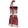 Back of A halter tube top and skirt set featuring a floral print and a high waist knotted mini skirt design.