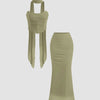 Herbal Green Asymmetric Crop Top and Bodycon Skirt Co-Ord Front View For Women | Littlebox India