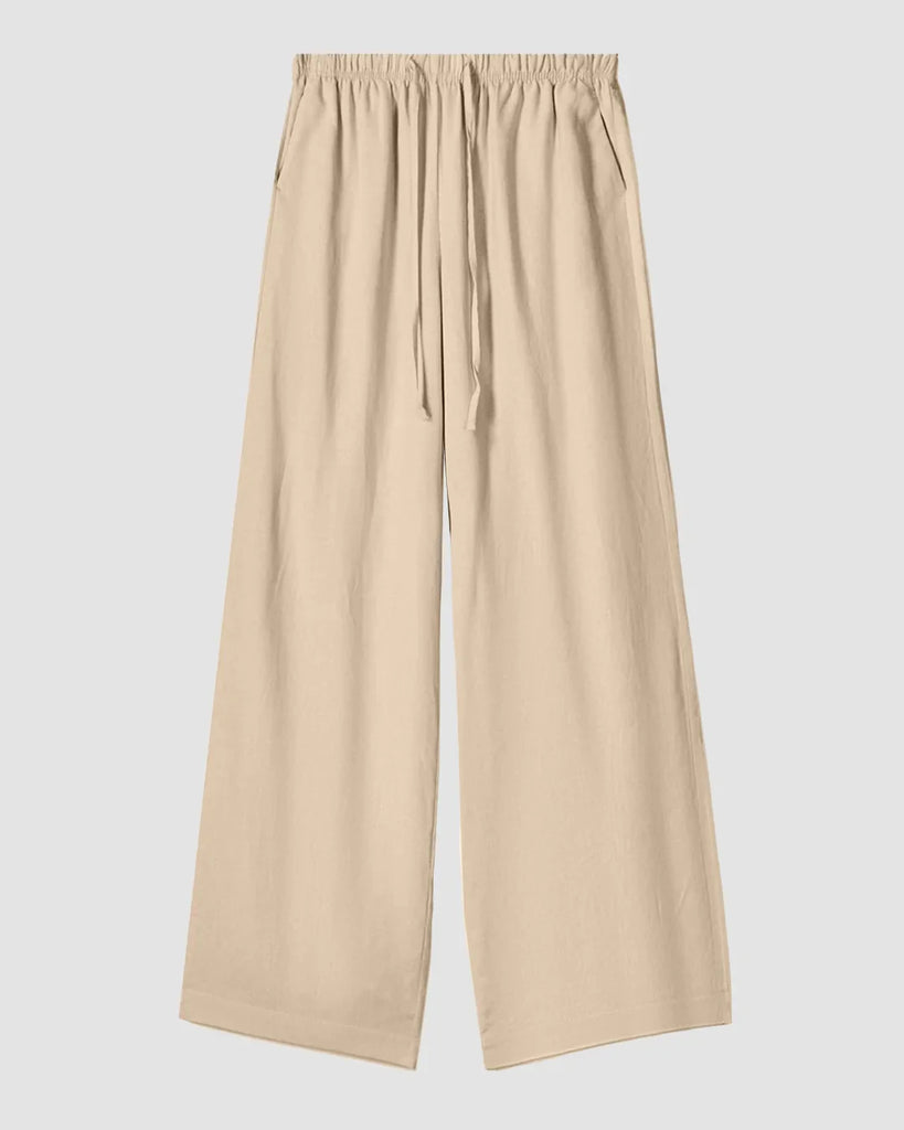High-rise light khaki wide-leg trousers with a drawstring waist, designed for women's casual or formal wear.