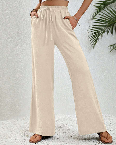 High-Rise Drawstring Wide Leg Pants in Beige Front View For Women | Littlebox India