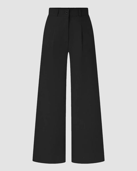 High-Waist Pleated Wide-Leg Trousers in Black Front View For Women