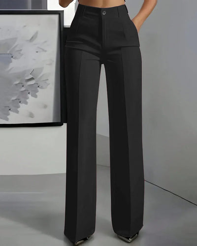 High-Waist Straight Loose Solid Color Button with Pocket Pants in Black Front View For Women | Littlebox India