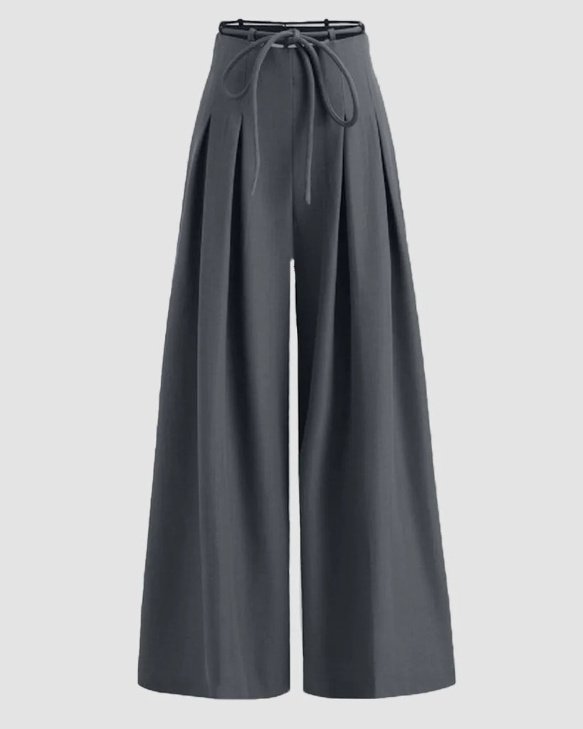 High-waist dark grey wide-leg trousers with a tie-belt and pleated design, suitable for casual or formal wear.