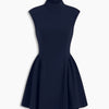 High Neck Fit and Flare A-Line Sleeveless Mini Dress in Dark Navy Blue Front View for Women | Littlebox India