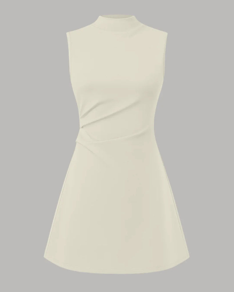 High neck, sleeveless beige mini dress with ruched detailing and A-line silhouette.
