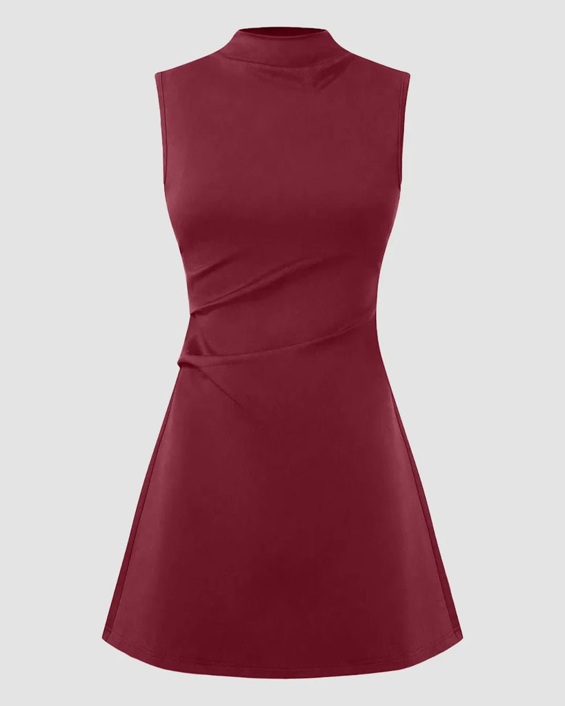 High neck, sleeveless burgundy mini dress with a ruched A-line design.