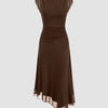 Front view of Brown high neck ruched sleeveless midi dress with asymmetrical hem, featuring a sleek fitted and elegant silhouette