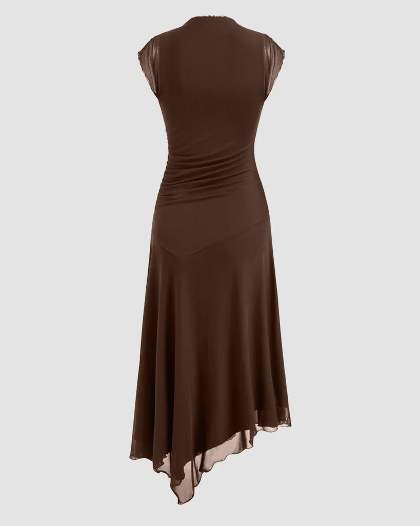 High Neck Ruched Asymmetrical Midi Dress – Littlebox India