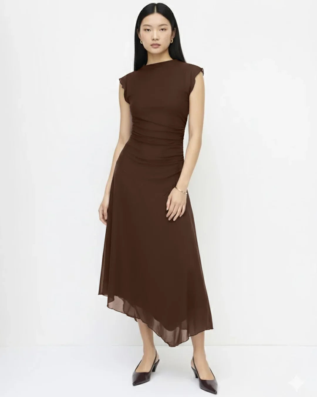 High Neck Ruched Asymmetrical Midi Dress – Littlebox India