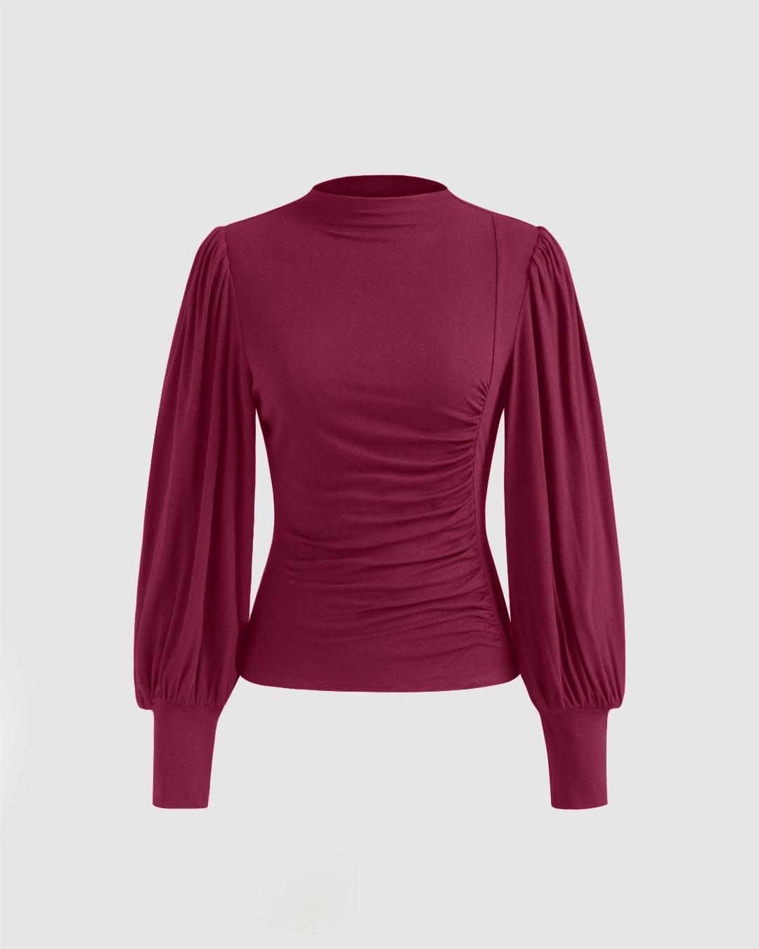 High Neck Ruched Long Sleeve Redberry Top