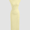 High Neck Ruched Side Sleeveless Maxi Dress in French Vanilla Front View for Women | Littlebox India