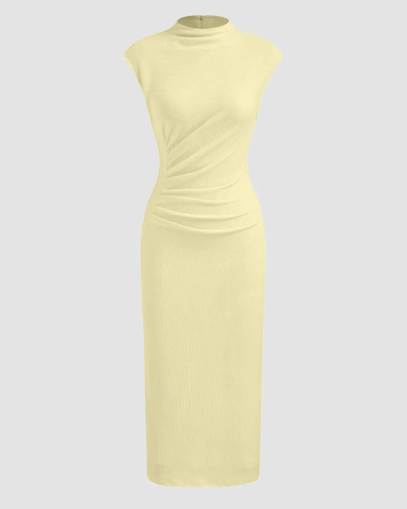 A sleeveless yellow maxi dress with a ruched neckline, styled in French Vanilla color.