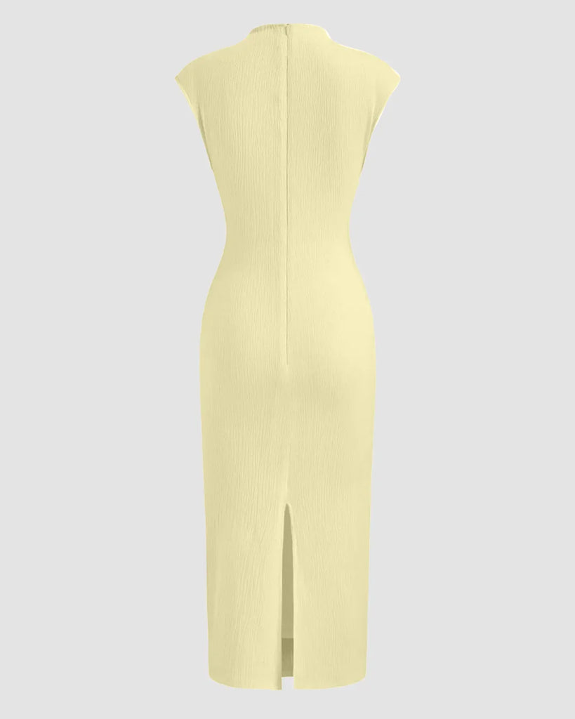 Back view of a sleeveless yellow maxi dress with a ruched neckline, styled in French Vanilla color.