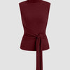High Neck Sleeveless Knotted Top in Burgundy Front View for Women | Littlebox India