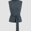 High Neck Sleeveless Knotted Top in Grey Front View for Women | Littlebox India