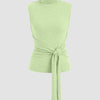 High Neck Sleeveless Knotted Top in Herbal Front View for Women | Littlebox India