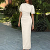 High Neck Slim Fit Solid Short Sleeve Midi Dress in Beige Front View for Women | Littlebox India