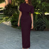 Front view of dark purple high neck midi dress with short sleeves and slim fit silhouette, elegant dark purple dress.