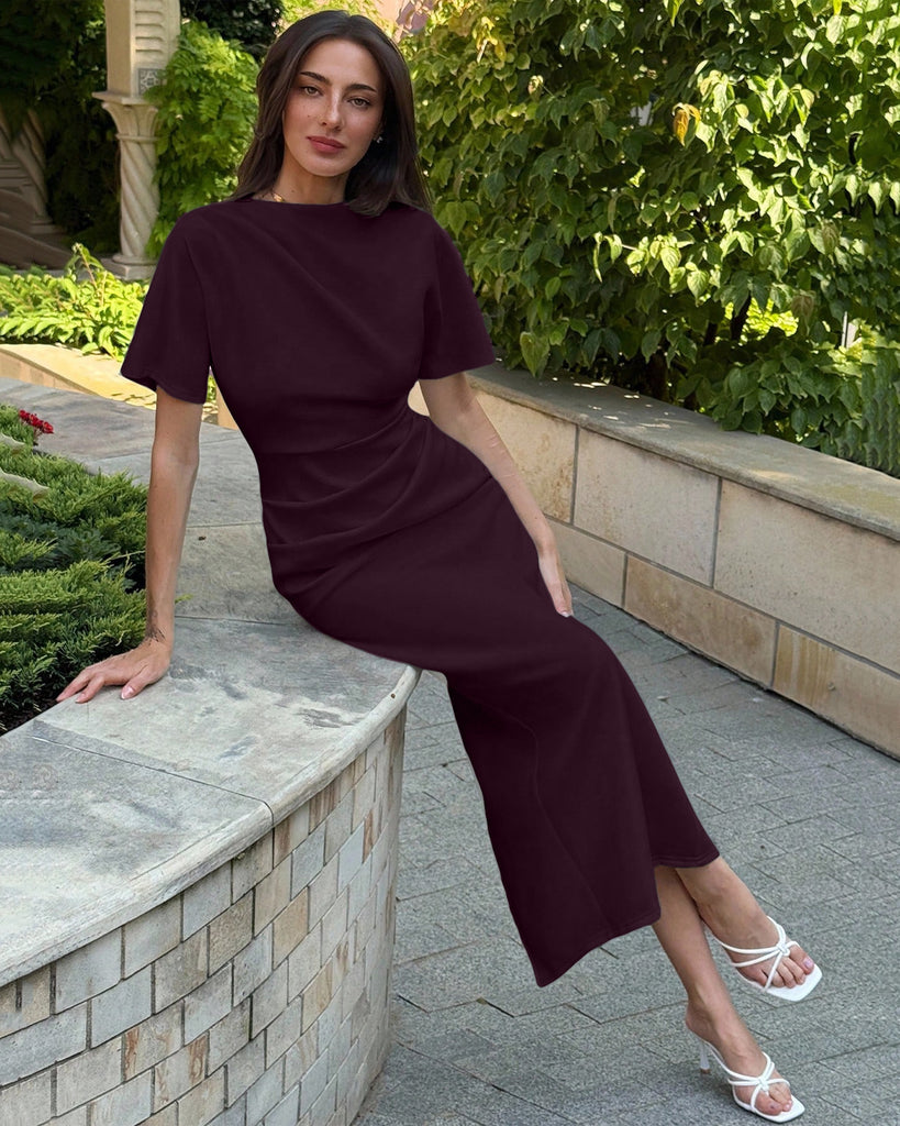 dark purple midi dress with sleeves Purple Slim Fit High Neck Midi Dress