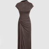 maxi dress in coco brown featuring a high neckline, twist ruched detailing at the waist, a side split, and short sleeves