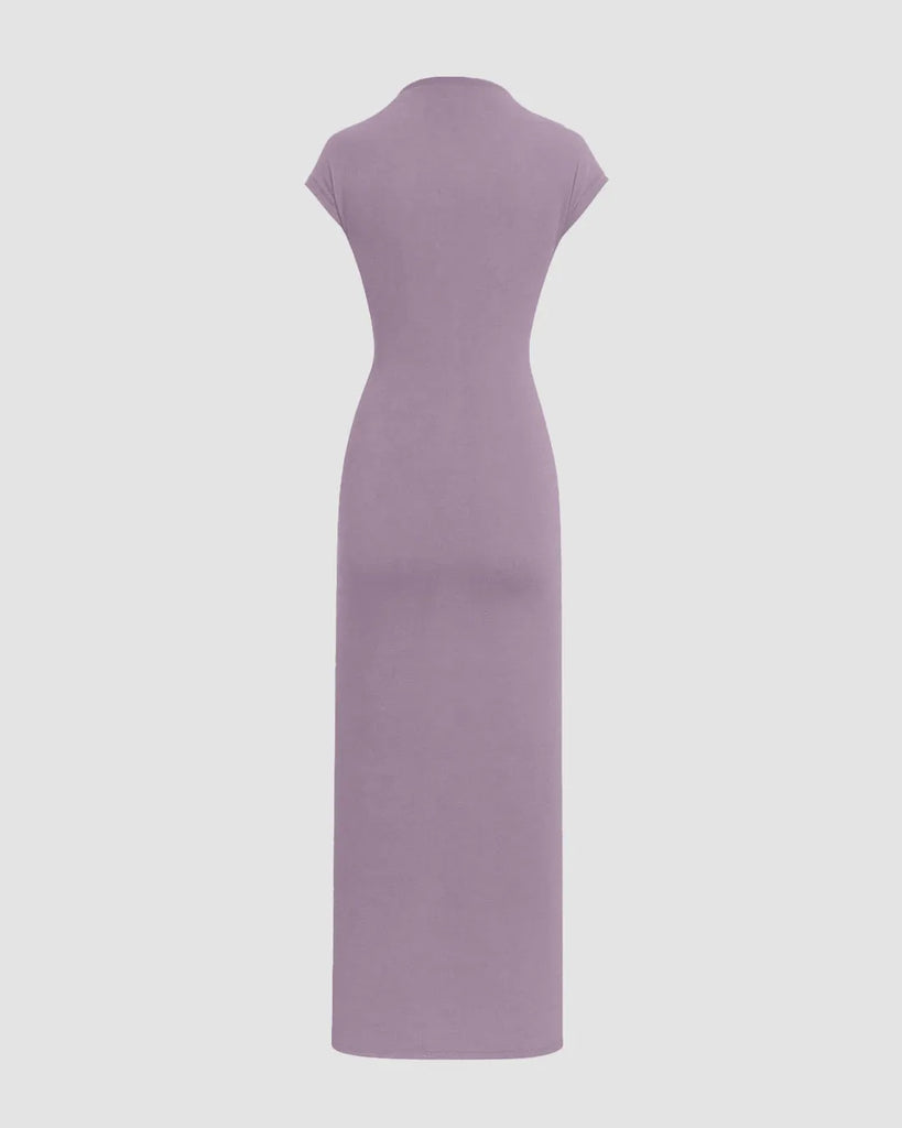 High Neck Solid Twist Ruched Split Maxi Dress In Lilac High Neck Solid Twist Ruched Split Maxi Dress In Lilac