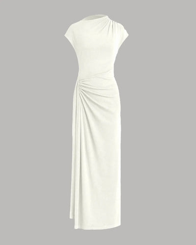 High Neck Draped Waist Maxi Dress in Milky White Front View for Women | Littlebox India