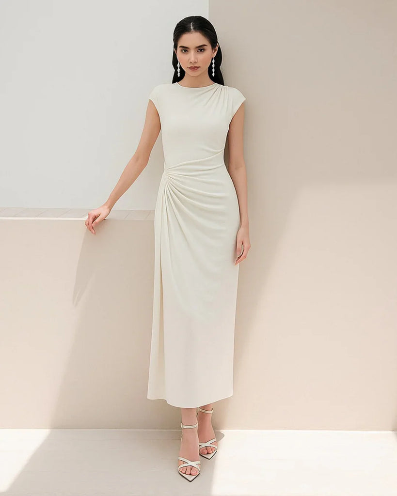 high neck maxi dress white High Neck Ruched Split Maxi Dress In Milky White