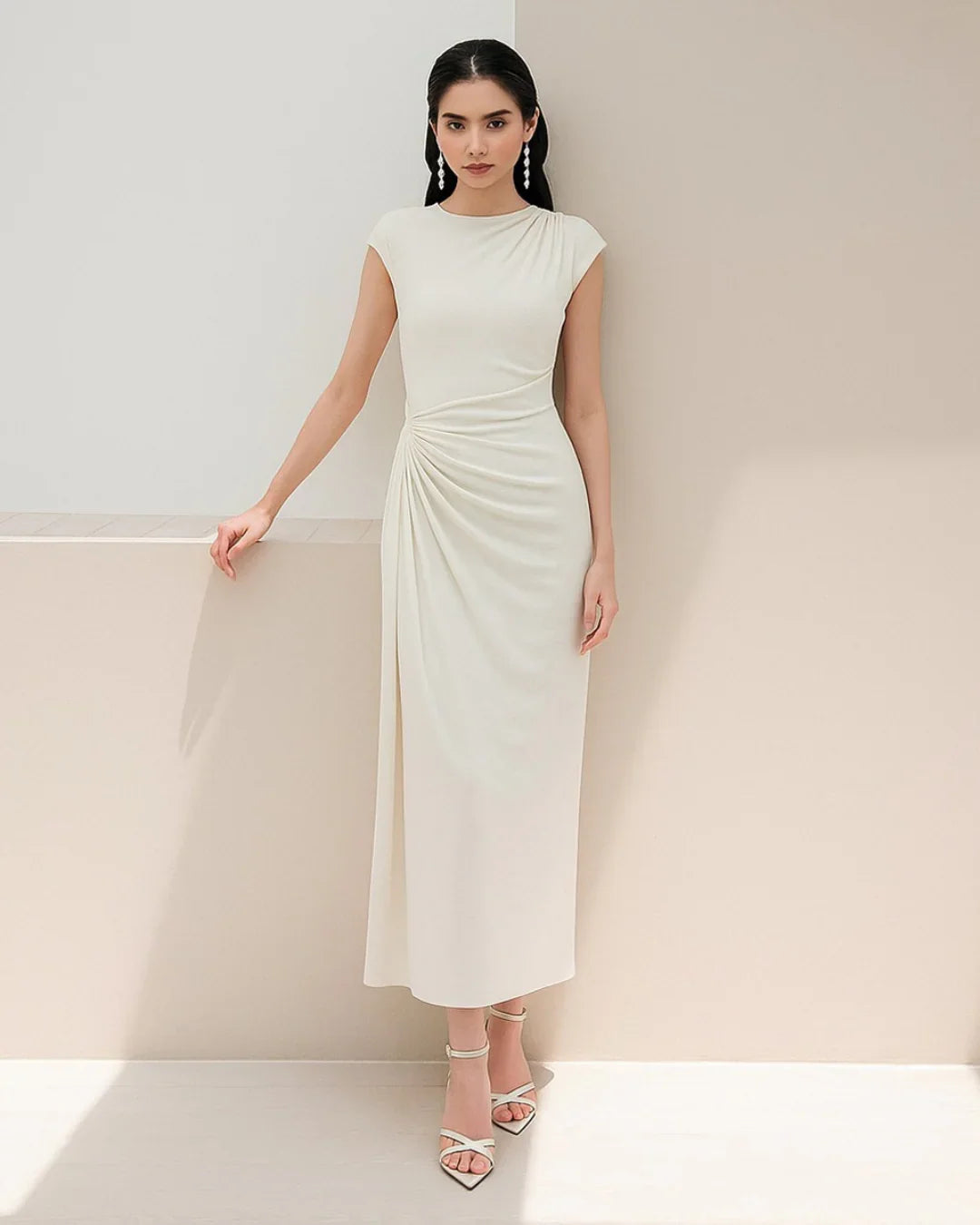 High Neck Ruched Split Maxi Dress In Milky White - Littlebox India