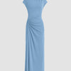 Powder blue high neck maxi dress made from soft jersey fabric, featuring a twist ruched design and a split detail.
