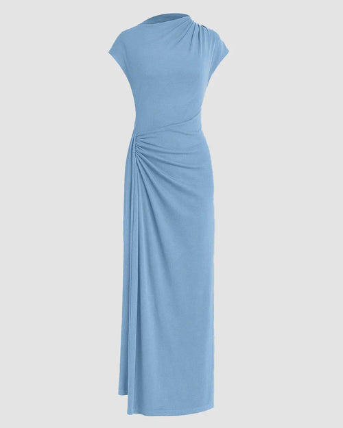Front view of Powder blue asymmetric maxi dress with cap sleeves, ruched waist detail and slim silhouette on plain background.
