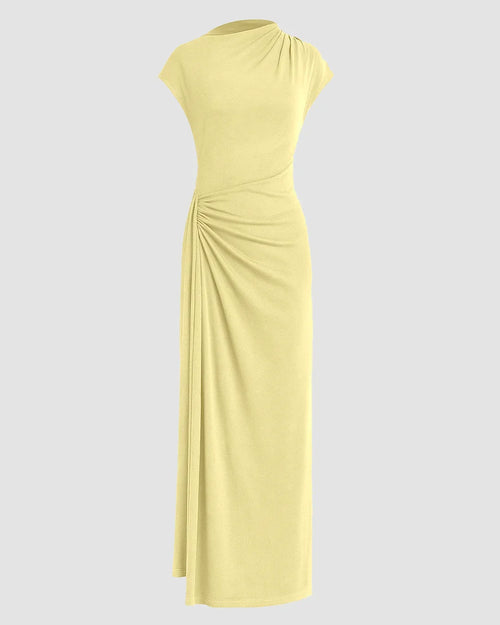 Front view of Pale yellow high-neck bodycon maxi dress with cap sleeves and side ruching, shown front and back on a neutral background.