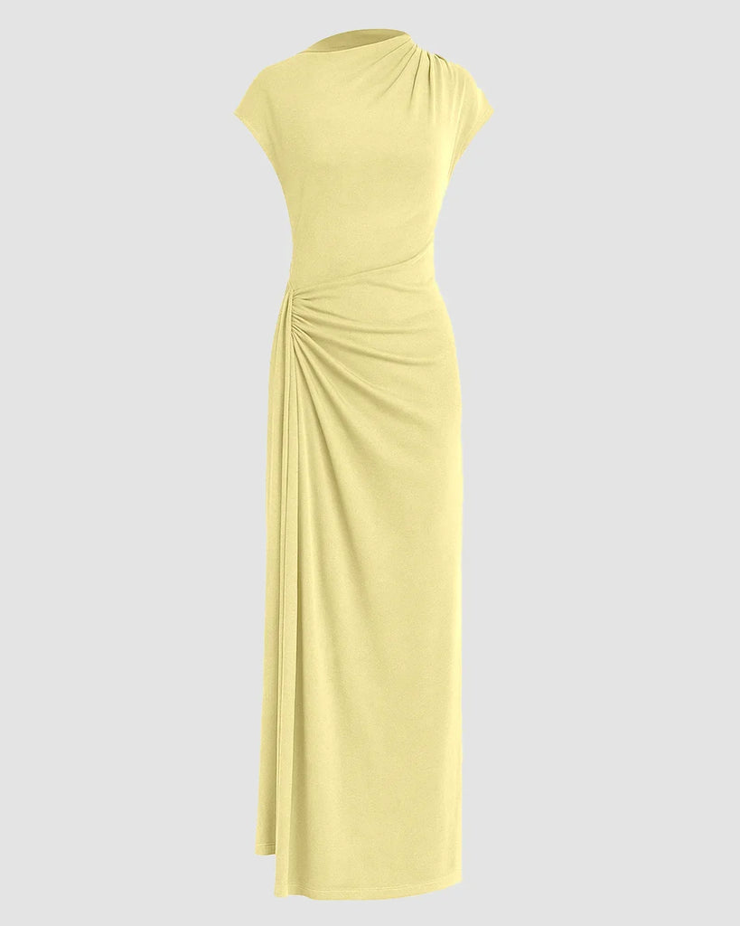 Women's yellow maxi dress with a ruched high neck and split design, styled in a solid twist design.