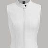 White leather vest with a high neck and front zippers, designed as a stylish tank top.