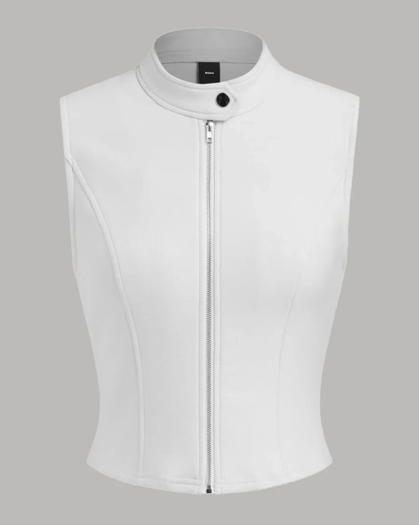 White leather vest with a high neck and front zippers, designed as a stylish tank top.