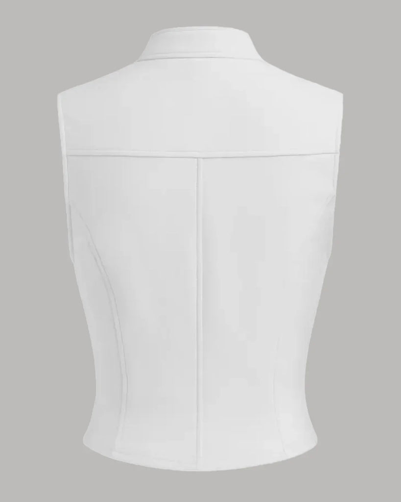 Back view of a White leather vest with a high neck and front zippers, designed as a stylish tank top.