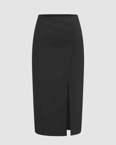 High Rise Split Zipper Black Midi Skirt Front View for Women | Littlebox India