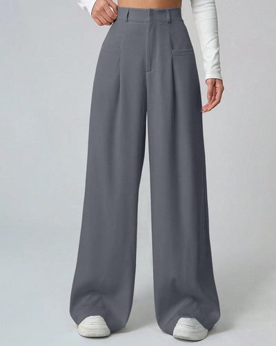 High Waisted Tailored Pleated Wide Leg Trousers in Grey Front View For Women | Littlebox India