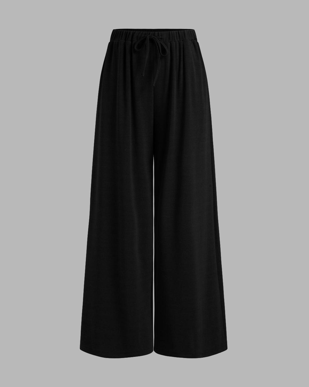 Hooded Solid Top Mid Rise Pocket Wide Leg Trousers Set