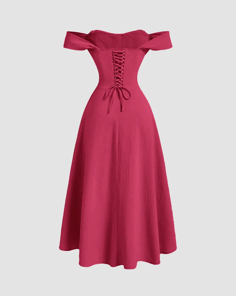 Hot pink one-shoulder dress with a ruffled neckline and faux fishbone design, exuding a romantic style.