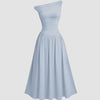  Light blue off-shoulder fit and flare midi dress, showcasing a stylish one-shoulder design.