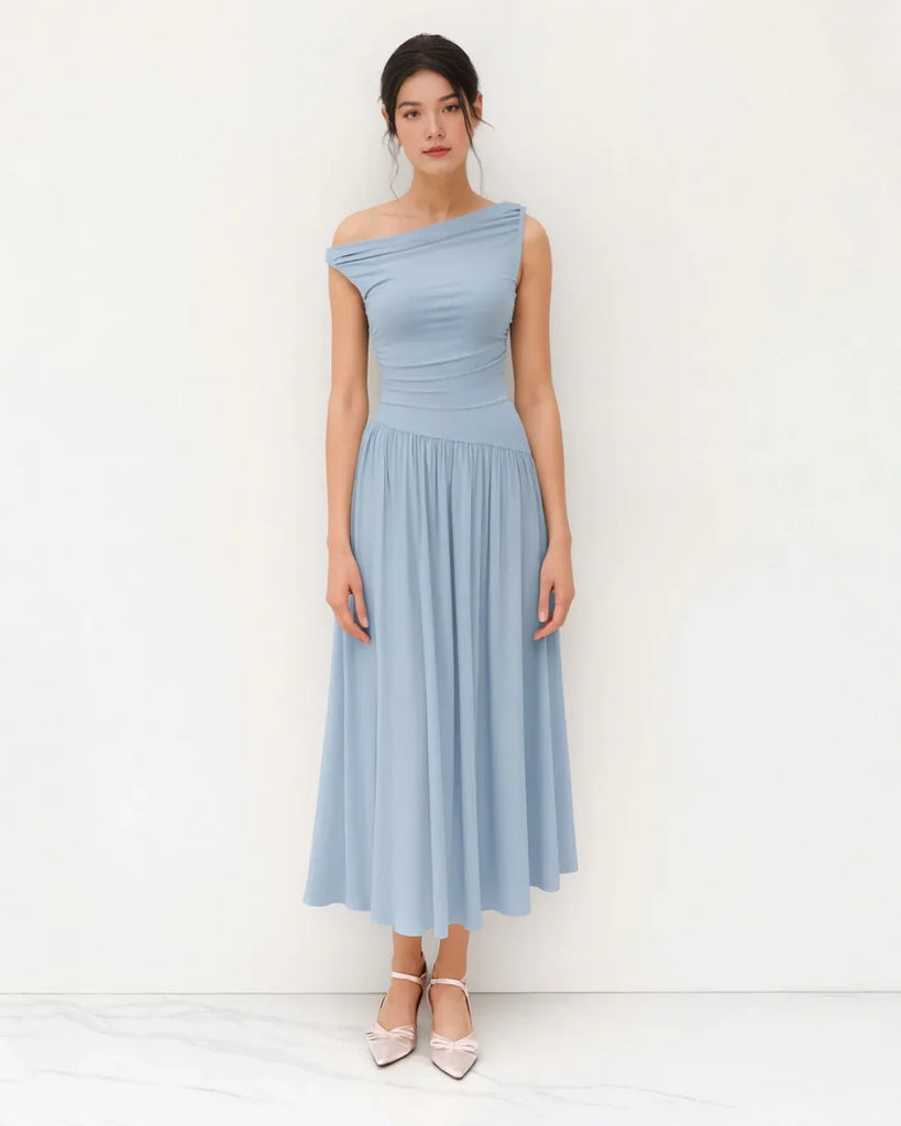  Light blue off-shoulder fit and flare midi dress, showcasing a stylish one-shoulder design.
