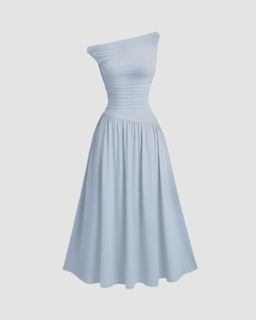  Light blue off-shoulder fit and flare midi dress, showcasing a stylish one-shoulder design.