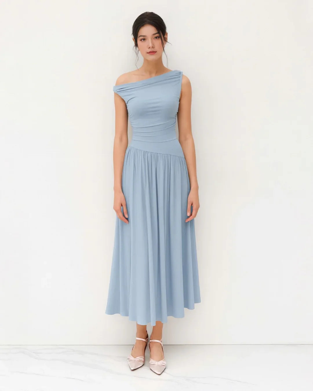 shirt dress blue and white striped Ice Blue Off-Shoulder Fit & Flare Midi Dress