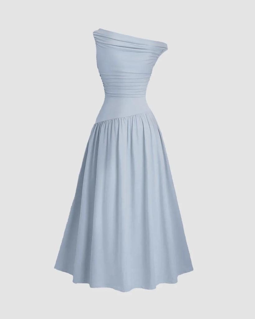 Back view of a Light blue off-shoulder fit and flare midi dress, showcasing a stylish one-shoulder design.