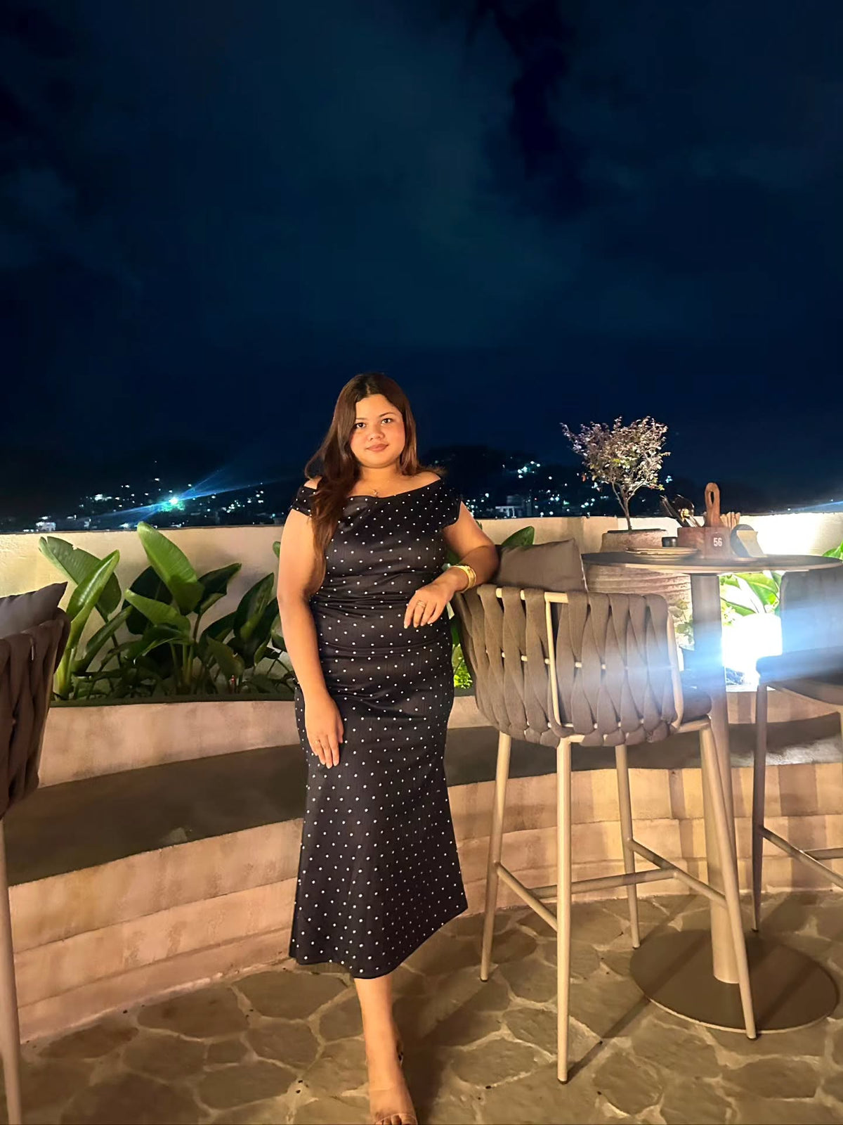 Customer photo 2 of Off-shoulder Ruched Top and Polka Dot Mermaid Maxi Skirt Two Piece Set